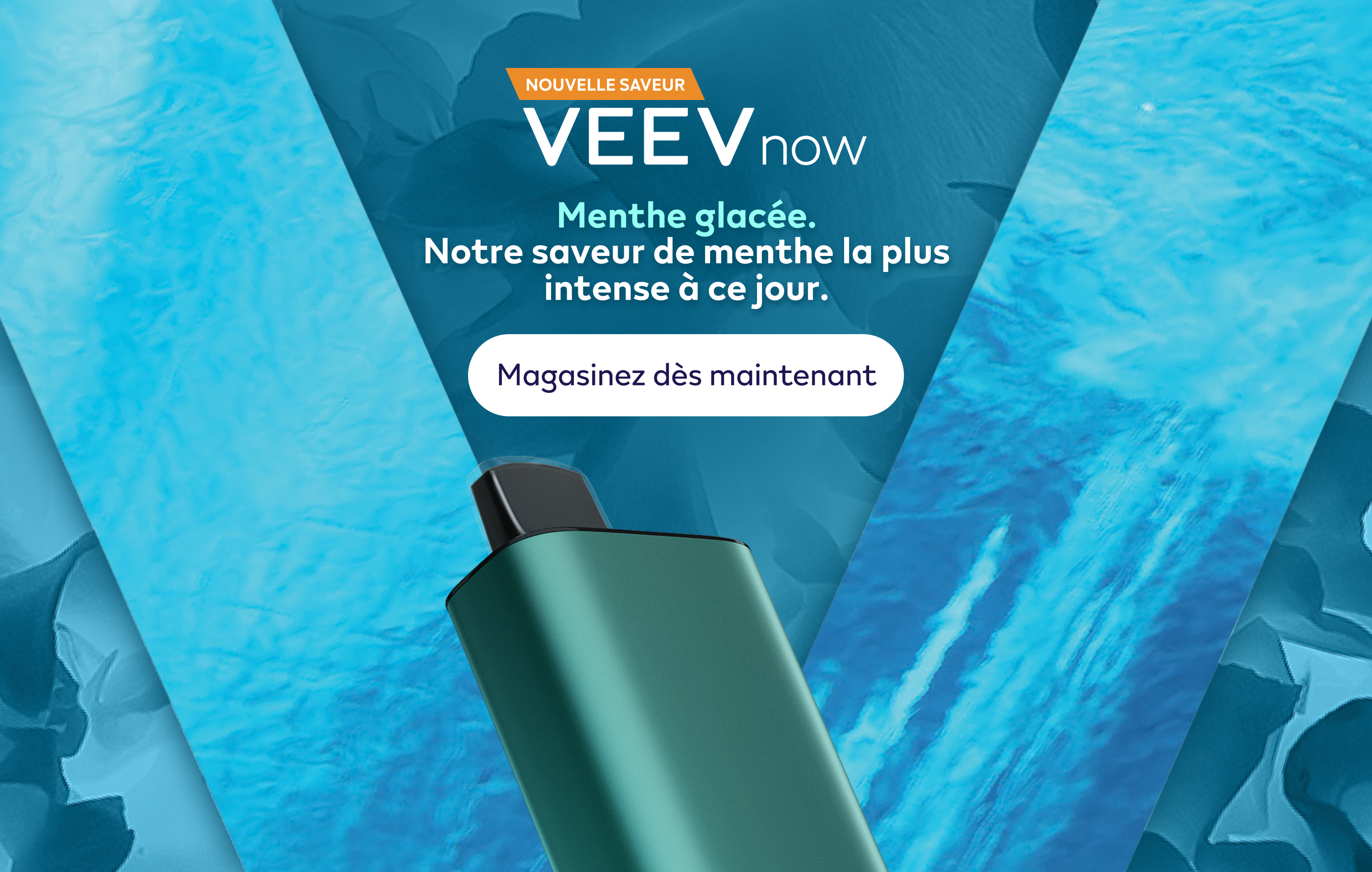 Dispositif VEEV Now de 18 ml sur fond bleu en forme de V. 